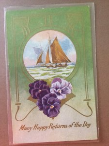 Vintage Postcard Sage Green with Purple Pansies and Sailboat Scene Greetings