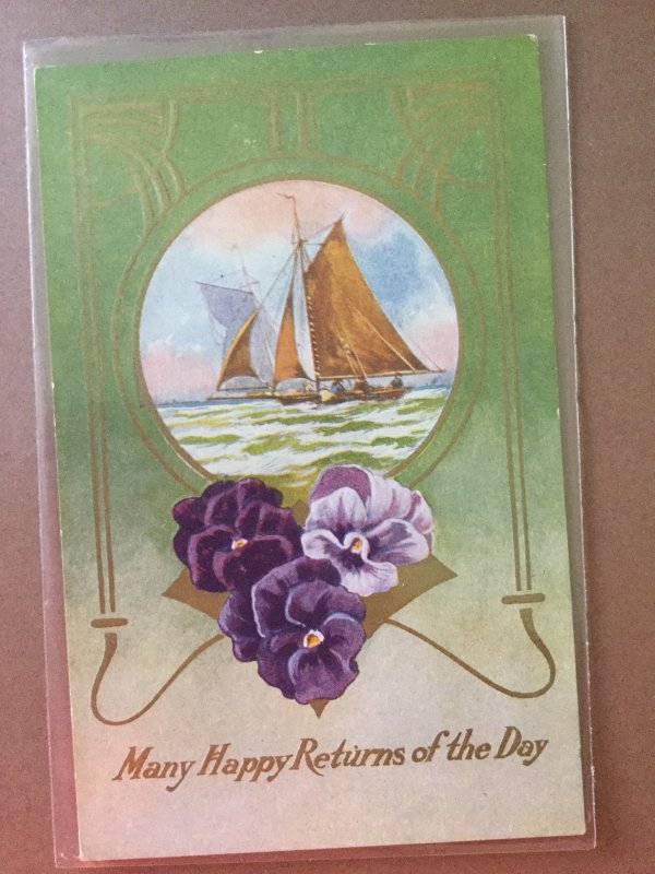 Vintage Postcard Sage Green with Purple Pansies and Sailboat Scene Greetings