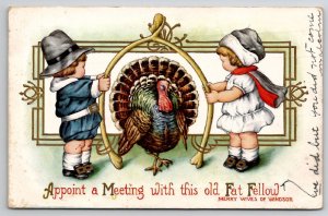 Thanksgiving Greetings Children Wishbone And Old Fat Turkey Postcard K28