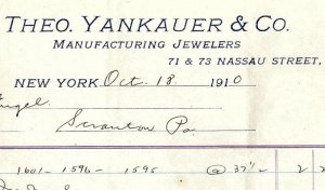 1910 THEO. YANKAUER & CO MANUFACTURING JEWELER NEW YORK BILLHEAD INVOICE Z2264