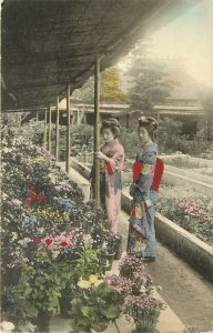c1907 Hand-Colored Postcard; Japan, Women go Flower Shopping at Garden Nursery?