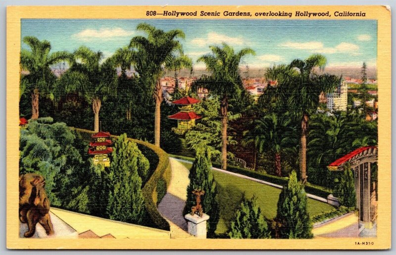 Vtg California CA Hollywood Scenic Gardens Oriental 1930s Linen View Postcard