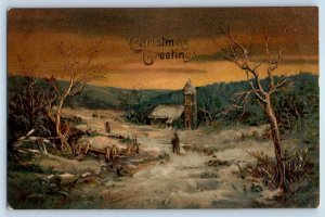 1908 Christmas Greetings Winter Scene Embossed Newark Ohio OH Antique Postcard