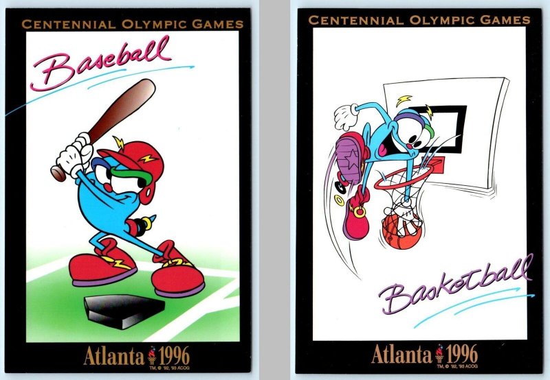 2 Postcards 1996 ATLANTA OLYMPIC GAMES ~ Baseball & Basketball MASCOT IZZY 4x6