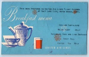 Airplane Breakfast Menu United Air Lines Flight Kitchen Salt Lake City Postcard