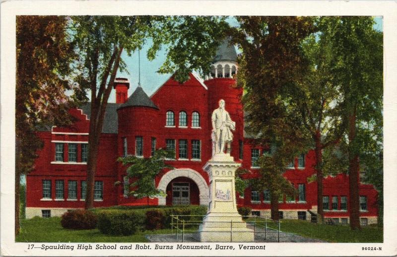 Spaulding High School Robbert Burns Statue Barre Vermont VT Vintage Postcard D71