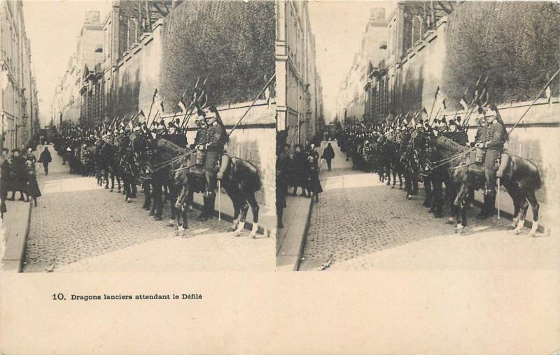 Stereographic view military cavalry lancers dragons waiting for the parade