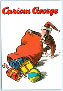 CURIOUS GEORGE wearing SANTA HAT & BAG of TOYS ca 1990s ~ 4x6 Monkey Postcard