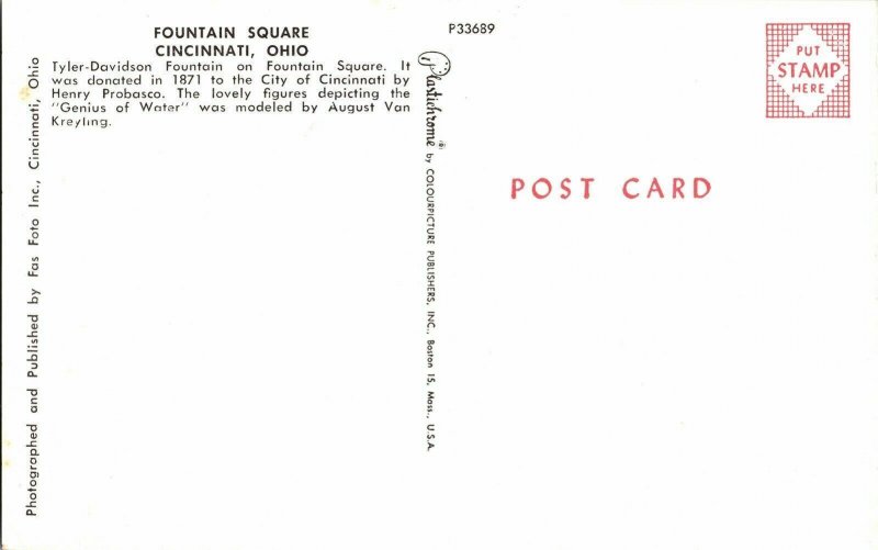  Fountain Square Cincinnati Ohio Tyler Davidson Henry Probasco Postcard Vintage