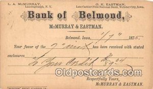Bank of Belmond Postal Used 1875 Postal Used Unknown, Missing Stamp 