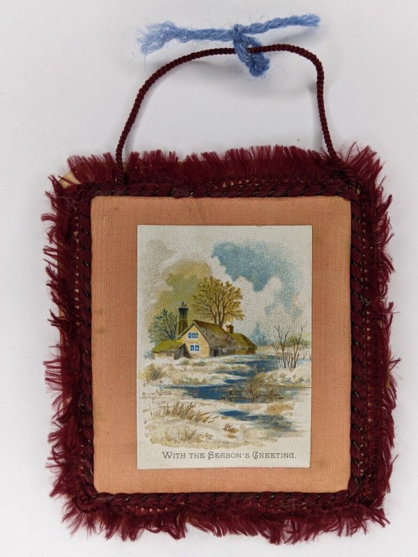 c1880s Christmas Silk Fringe Handmade Trade Card Wall Mount Picture Hang Xmas 3F