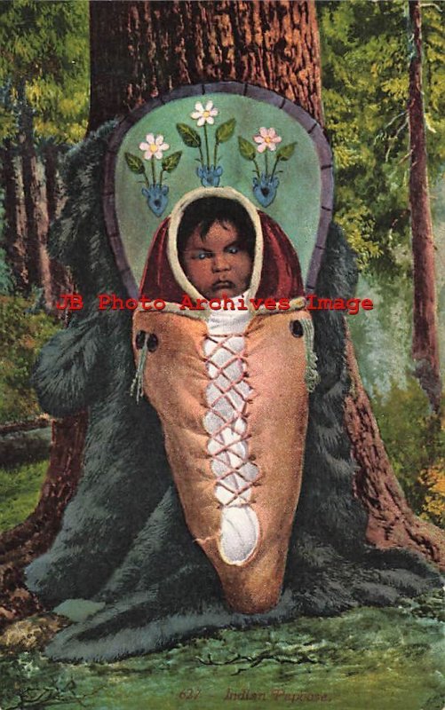 Native American Indian Papoose Propped Up on Tree, Edward H Mitchell No 627