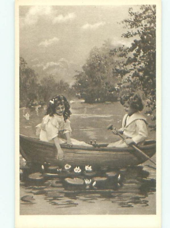 foreign Old Postcard EUROPEAN KIDS IN SMALL BOAT AC2870
