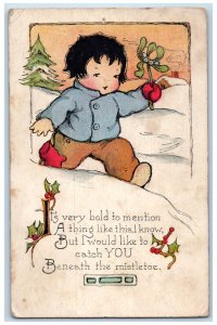 1920 Christmas Child Holding Mistletoe Holly Berries Winter Homer NY Postcard