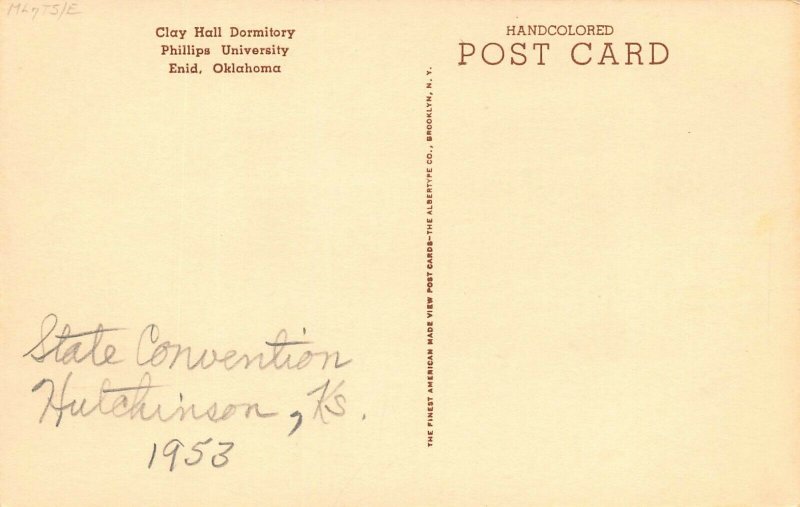 LP85 Enid Oklahoma Postcard Clay Hall Dormitory Phillips University Albertype