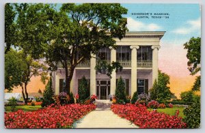 Austin Texas~Governor Mansion Front View~Flowers~Greek Revival~Linen Postcard