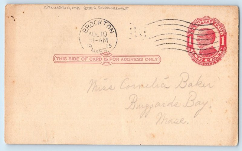 1915 Birth Announcement Handwritten Stoughton Massachusetts MA Postal Card