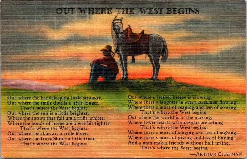 Out Where the West Begins poem Arthur Chapman PM 1962 Kalispell MT Postcard