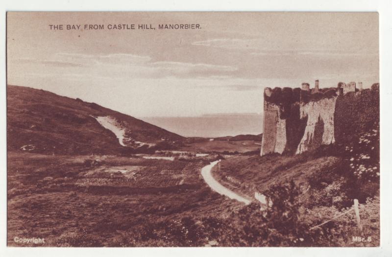 P1172 old postcard unused view bay from castle hill manorbier wales england