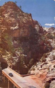 UT, Utah 50's CAR Exiting ZION~MT CARMEL TUNNEL  Zion Nat'l Park Chrome Postcard