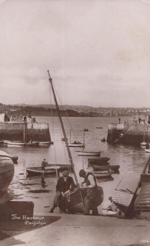 The Harbour Paignton Anchoring A Boat Fishermen Vintage Real Photo Postcard