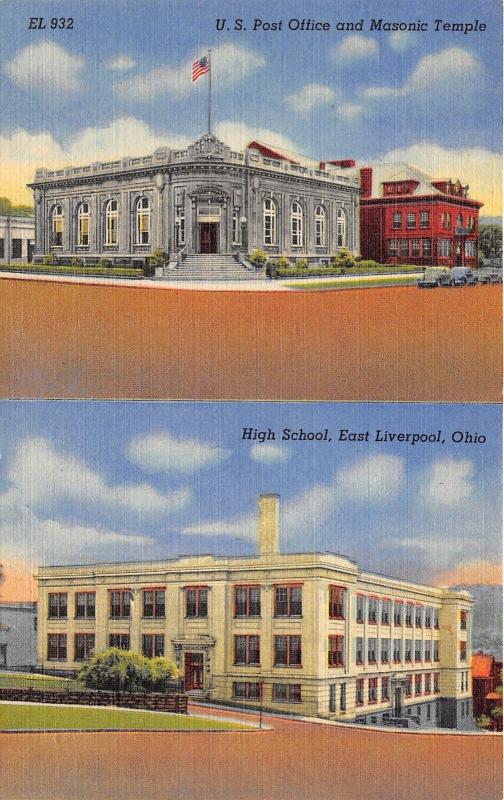 East Liverpool Ohio~US Post Office & Masonic Temple~High School~2 Views~1940s Pc