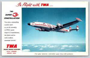 Aviation~Trans World Airlines Super-G Constellation Flight Scene~1950s Postcard