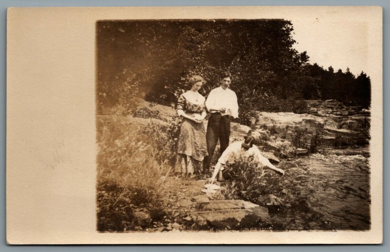 Postcard RPPC c1915s Men Washing Dishes in Lake Possibly Wisconsin Lot of 2