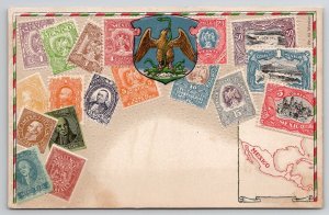 Mexico Array of Stamps Crest Map Postcard F28