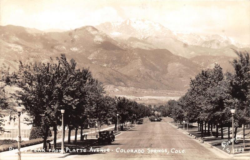 Colorado Springs Colorado~Platte Avenue~Man under Trees~Pikes Peak~40s Cars~RPPC