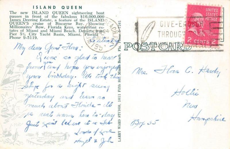 MIAMI, FL Florida   ISLAND QUEEN SIGHTSEEING BOAT~Deering Estate  1951 Postcard