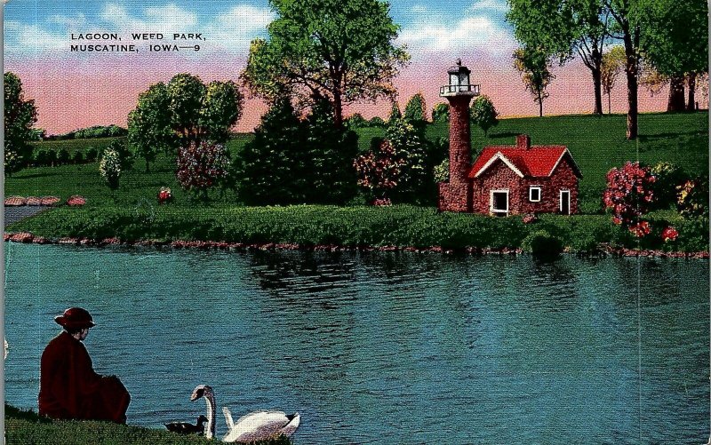 1930s MUSCATINE IOWA WEED PARK LAGOON SWANS LIGHTHOUSE LINEN POSTCARD 36-98