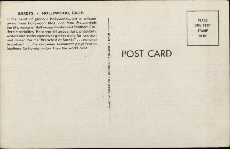 Hollywood CA Sardi's Restaurant Interior Old Postcard 