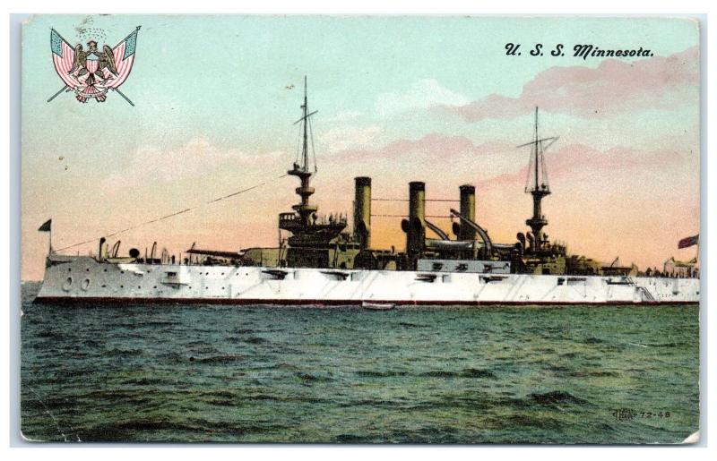 Early 1900s USS Minnesota BB-22 WWI Battleship Great White Fleet Postcard