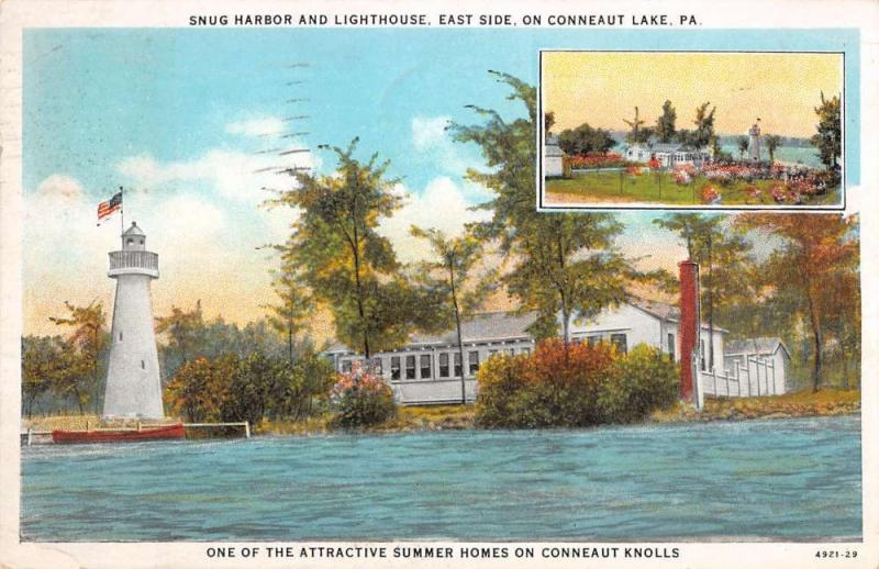 Snug Harbor and Light House in Conneat Lake in Pennsylvania Antique PostcardL555