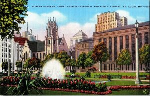 Sunken Gardens Christ Church Cathedral Public Library St Louis MO Postcard Linen 
