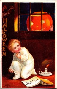 Vintage Ellen Clapsaddle Scared Child & Giant JOL Antique  Halloween Postcard