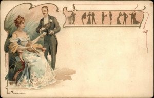 Fancy Man and Woman in Elegant Dress DANCING BORDER c1910 Postcard