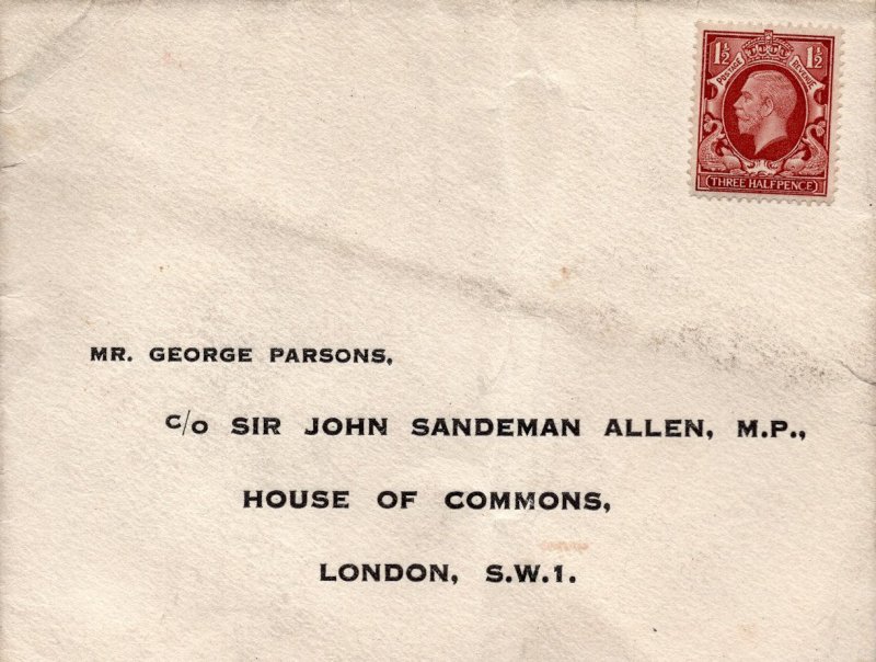 Liverpool Conservative MP Antique House Of Commons Envelope