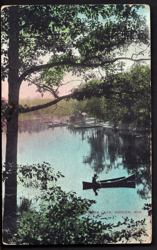 31120) Wisconsin MERCER Mercer Lake with canoe and camp - pm1913 - Divided Back