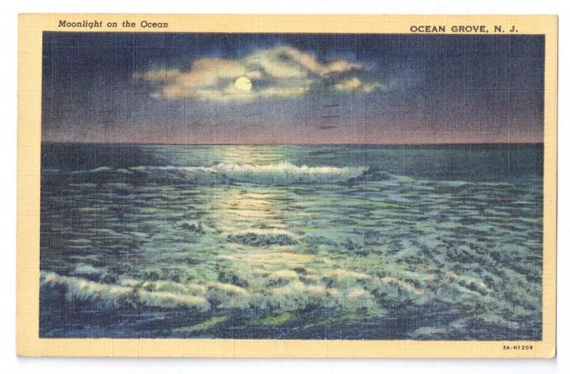 Ocean Grove NJ Moonlight on Ocean WWII message 1942 Linen