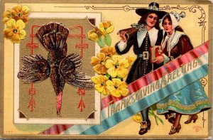 Thanksgiving Postcard Patriotic Pilgrim Man and Woman Dead Turkey Yellow Flowers