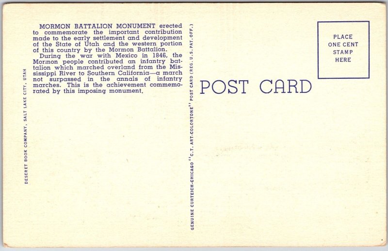 Mormon Battalion Monument State Capitol Ground Salt Lake City Utah UT Postcard