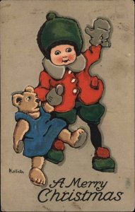 A/S Mcallister Little Boy with Teddy Bear in Dress c1910 Vintage Postcard