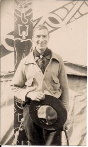 RPPC Boy Scout Leader BSA, Indian Totem Pole 1920-30?
