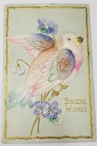 Sincere Wishes Lovely Bird Gold Accents Embossed 1908 Clarkson NE Postcard AA1