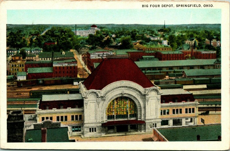 Vtg Postcard Bird's Eye View 1920's Big Four Train Depot Springfield OH Ohio UNP