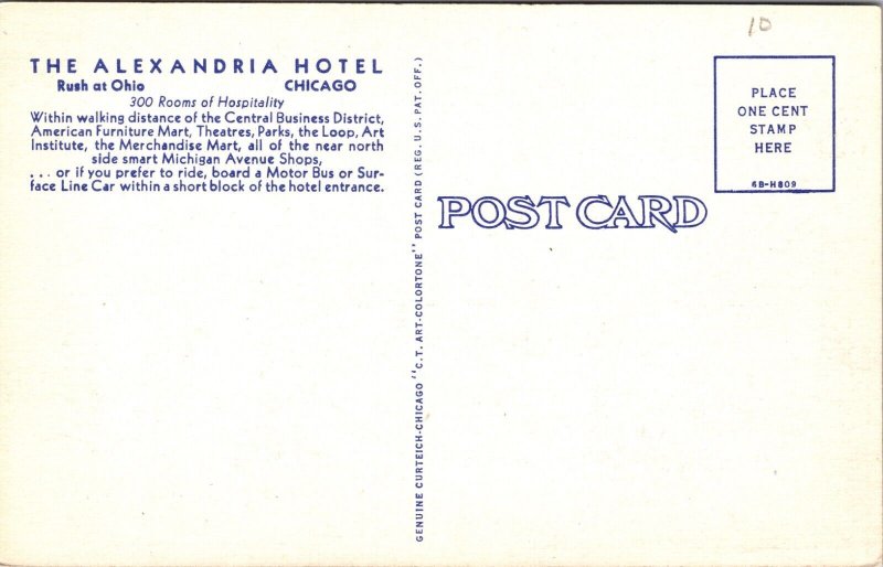 Linen Postcard Alexandria Hotel, Rush at Ohio in Chicago, Illinois