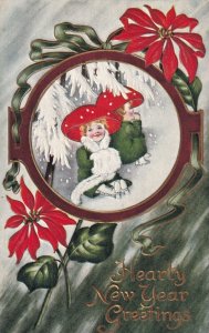 NEW YEAR, PU-1911; Greetings, Girls w/mushroom hats, hand muffs, Poinsettias