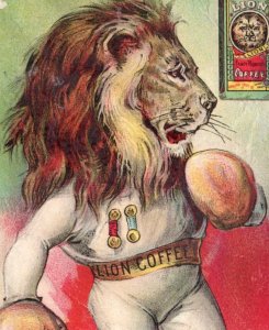 1870s Lion Coffee Anthropomorphic Lion Boxing Fishing Set Of 4 P141